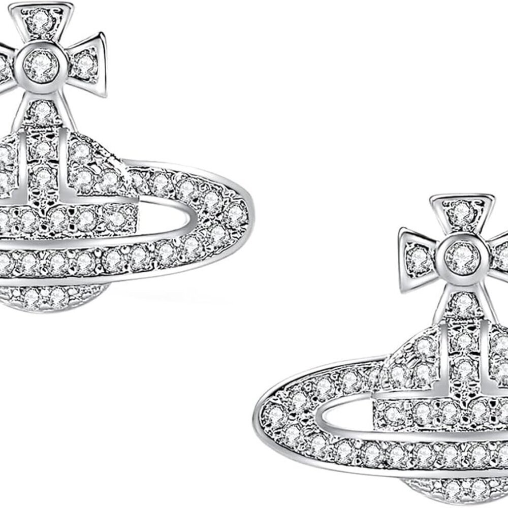 Silver Saturn Planet Earrings with Rhinestone, 1.6cm x 2.7cm, Hypoallergenic Cub